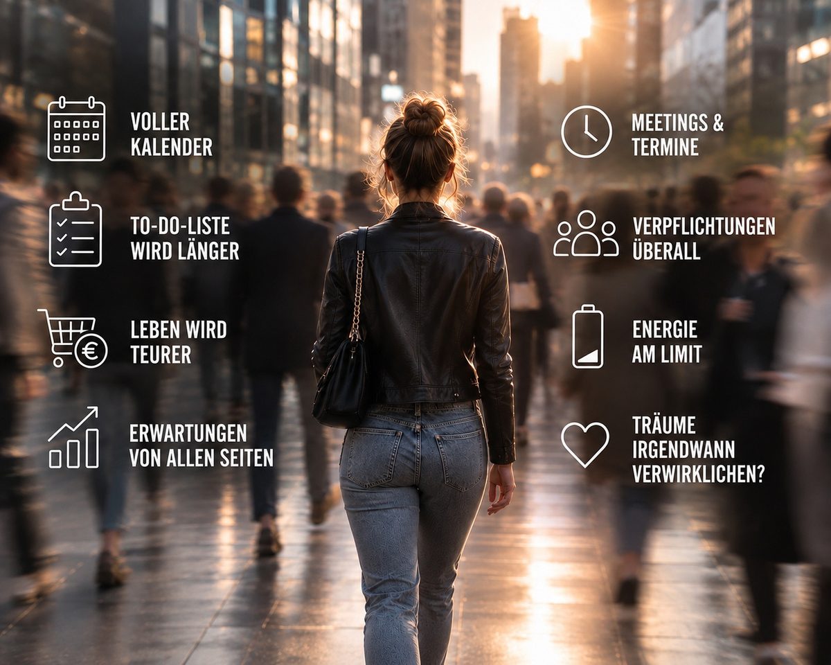 Frau geht durch eine belebte Großstadtstraße, umgeben von Schlagworten: voller Kalender, To-do-Liste wird länger, Leben wird teurer, Erwartungen von allen Seiten, Meetings und Termine, Verpflichtungen überall, Energie am Limit, Träume irgendwann verwirklichen?